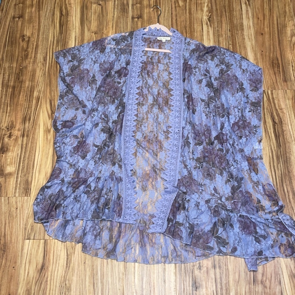 Indigo Thread Co womens large 12 14 cardigan duster kimono lace purple high low